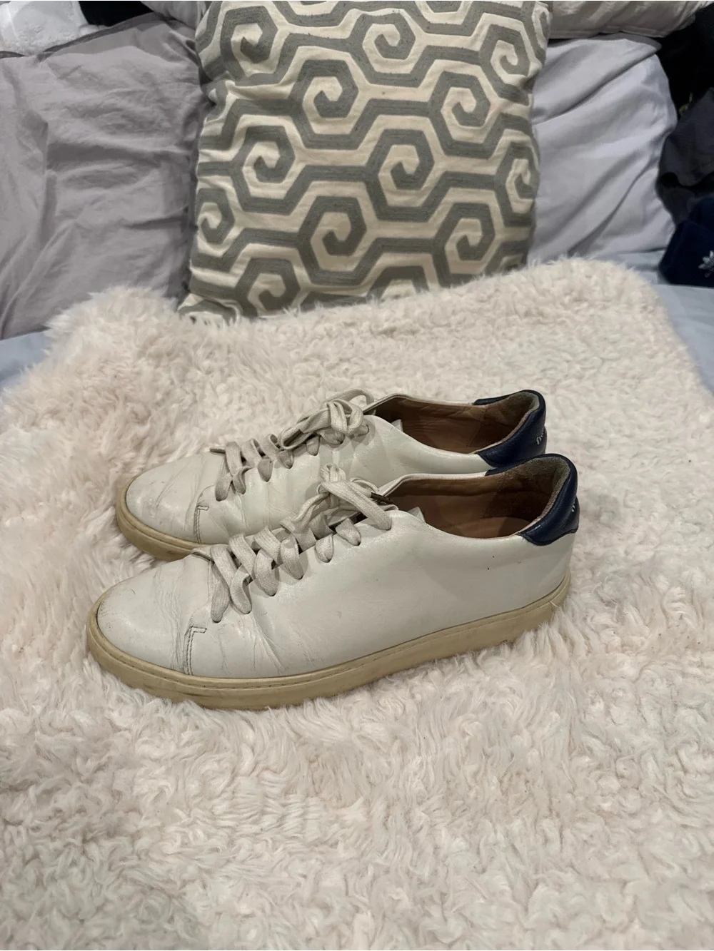 White Leather Low-Top Sneakers with Navy Heel Accent